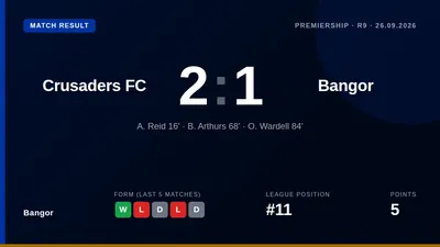 Bangor fell to a 2-1 defeat at Crusaders despite a Ben Arthurs equaliser, with Owen Wardell's 84th-minute winner leaving...